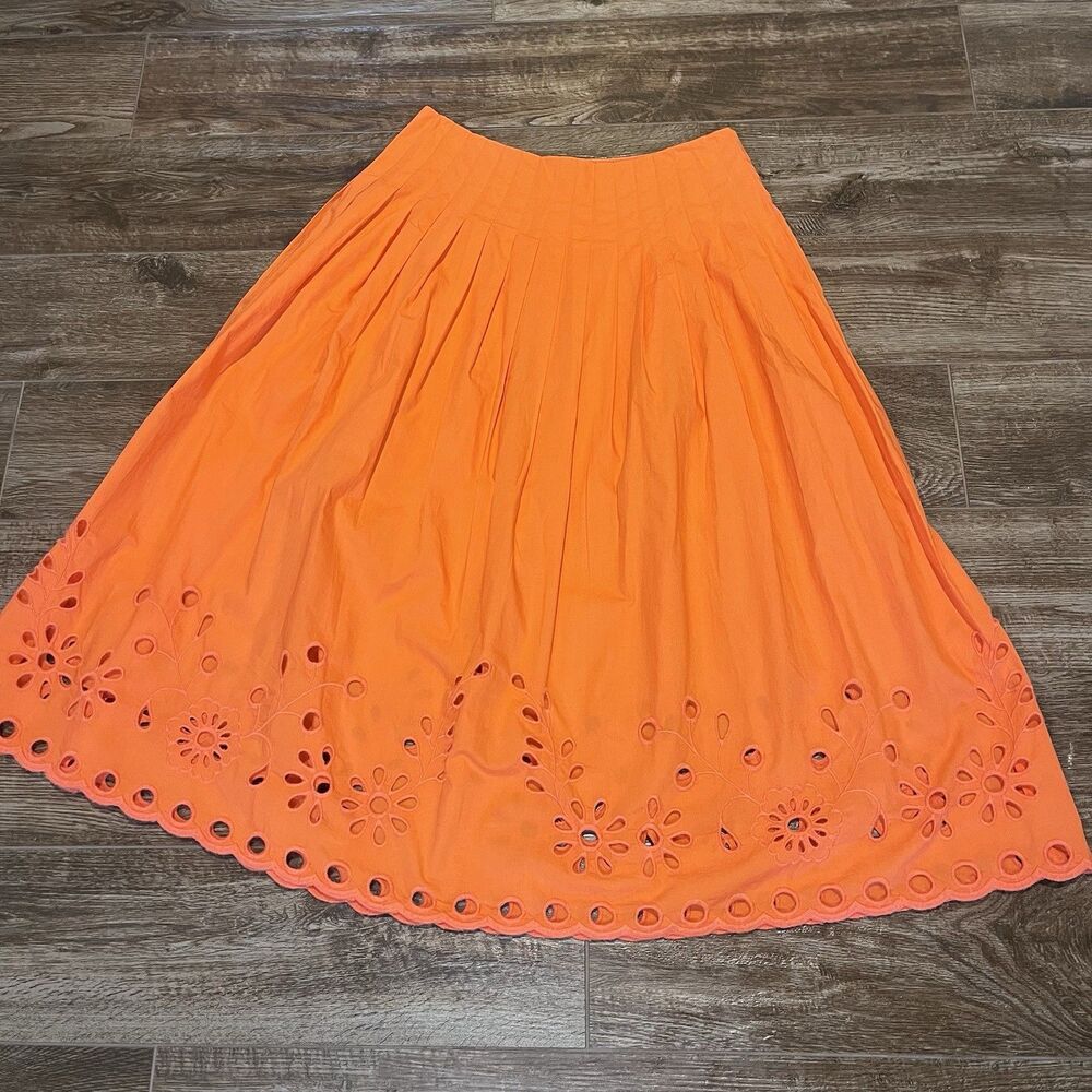 J. Crew Eyelet hem skirt Women’s 4 Orange Midi Pleated Boho A Line Floral